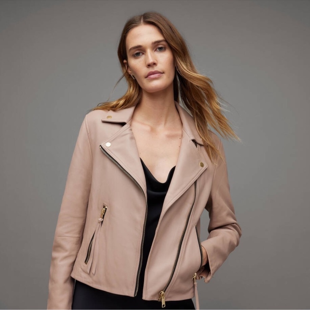 NWT AllSaints Dalby Biker Leather Jacket Earth Pink Size 0